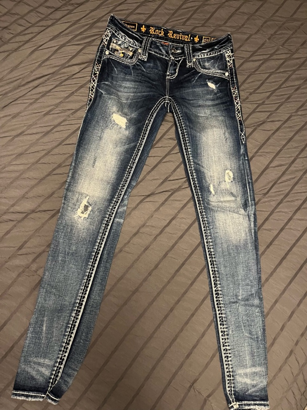Rock Revival Women's Skinny Jeans - Faded Blue with White Stitching